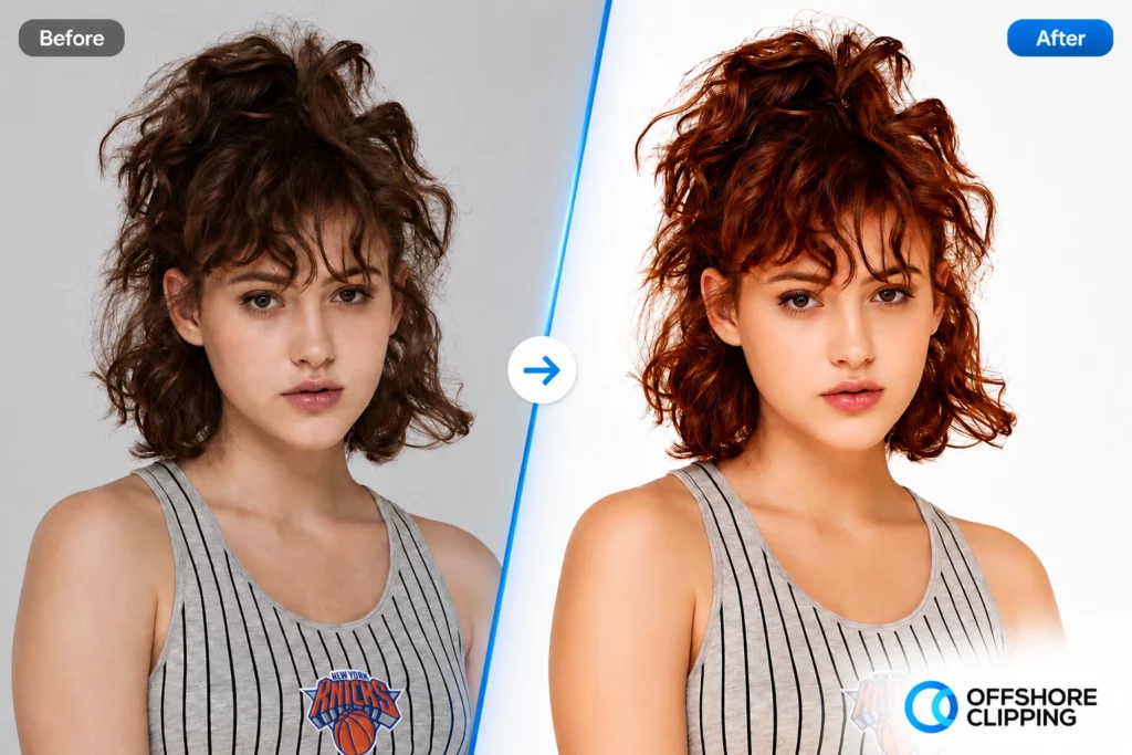 Before and after portrait photo retouching comparison showing professional skin retouching, color correction, and overall image enhancement by Offshore Clipping